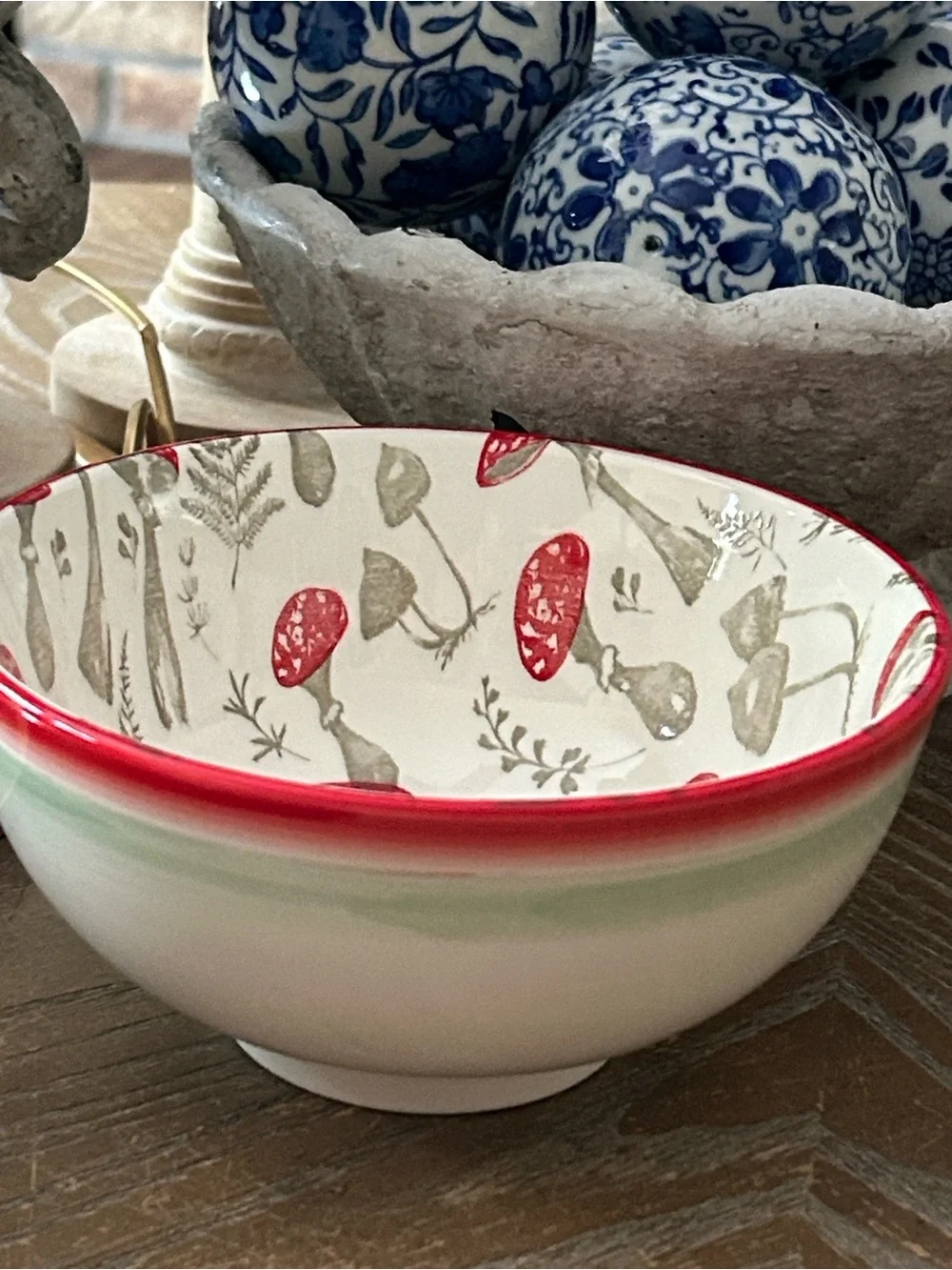 NEW! Vintage Inspired Botanical Garden Wild Red Mushroom Ceramic Bowl
